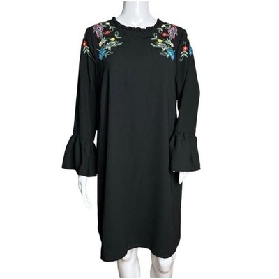 Allison New York Dress M Black Embroidered Floral Boho Bell Sleeve Ruffle Neck
