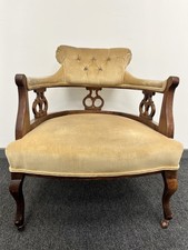 Vintage Victorian Style Tub Chair Gold Velvet Upholstery Carved Wood Detail