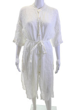 Vitamin A Women White Linen Shirt Dress Collared 3/4 Sleeve Mid-Calf Size M