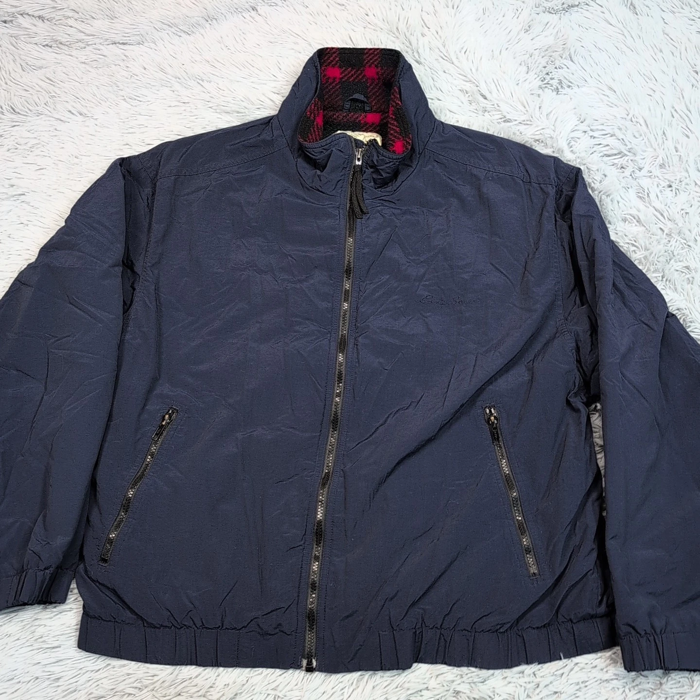 Vintage Eddie Bauer Jacket Mens L Blue Coat Outdoors Pockets Zip Up Logo