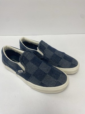 Vans M 9.5 Classic Slip On Shoes Denim Navy Blue White Big Checkered Very Good!!
