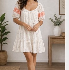 LOFT Puff Sleeve Embroidered Tiered Swing Dress Size M White Pink Cottage Core