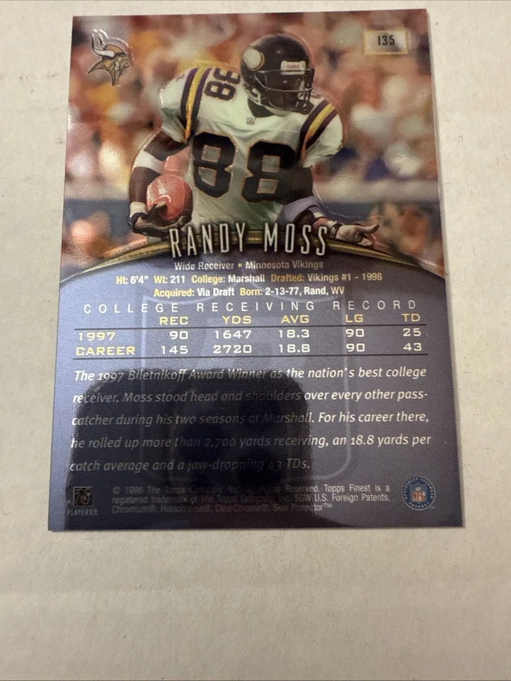 Topps Finest Randy Moss RC 1998 refractor.  Buen estado. Foto 4 de 4