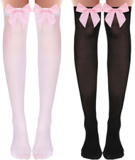 Black Thigh High Socks with Bow  White Sheer Stockings with Pink Bow