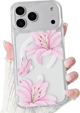 iPhone 17 Pro Max Case Clear Magnetic Cute Lily Flowers Floral Hard PC Back Cove