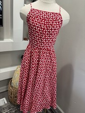 LOFT Red White Geometric Fit & Flare Dress Square Neck Open Back Pockets 2