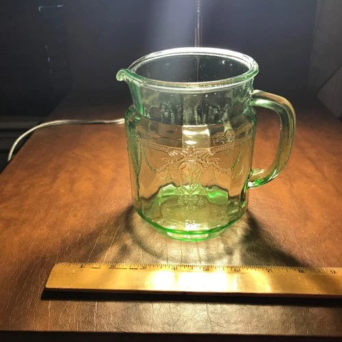 Anchor Hocking Cameo Ballerina Green Glass 6 Inch Pitcher...Glows w/ black light