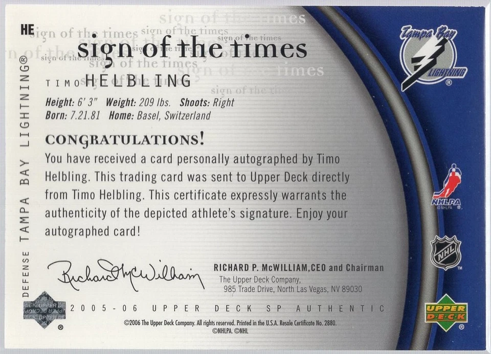 * 2005-06 SP Authentic - Sign of the Times #HE - TIMO HELBLING - Image 2 of 2