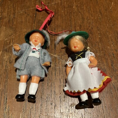 2 europäische Vintage Puppen 3 Zoll H mit Aufhängeschlaufe