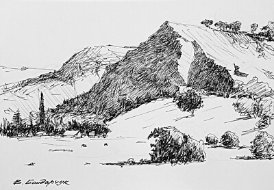 Original drawing with black landscape minimalist illustration art 