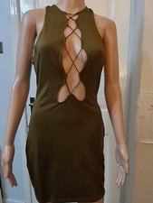 PARISIAN COLOUR OLIVE CUT OUT CRISS CROSS SLEEVELESS BODYCON MINI DRESS UK10...