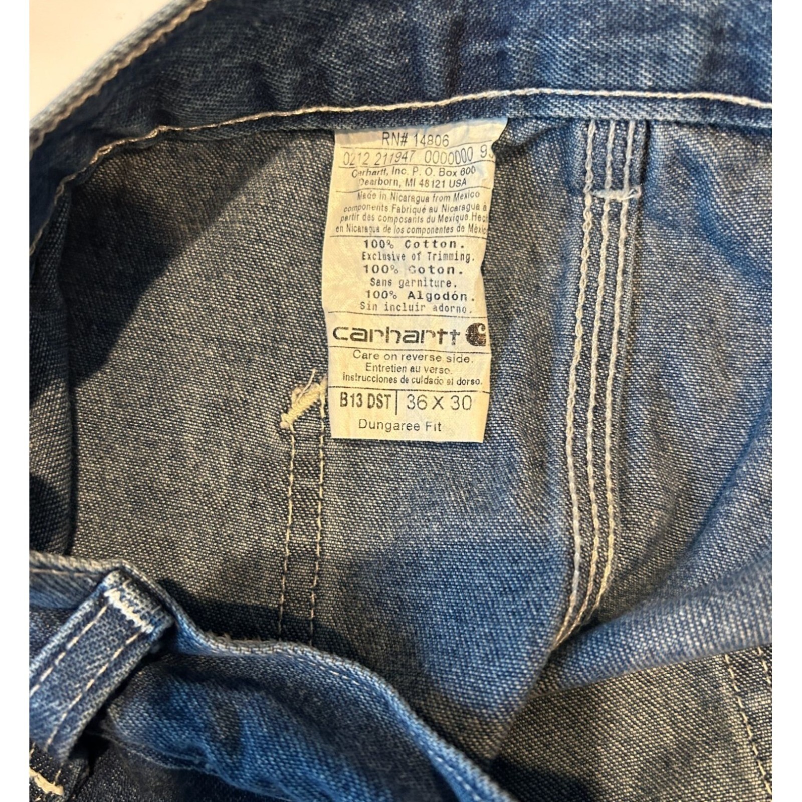 Carhartt Carpenters Blue Denim Jeans 35 x 30 Relaxed Straight leg Dungarees thumbnail 4