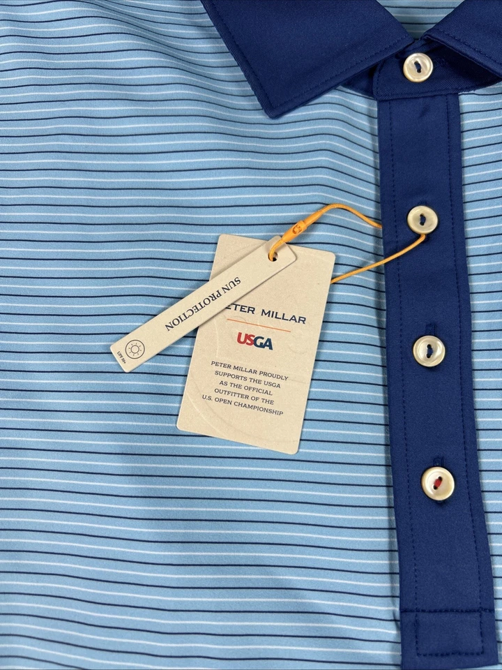 Camisa de Golf Peter Millar Polo Pinehurst EE. UU. Logo Abierto Grande Azul Rayas Poliéster Foto 3 de 4