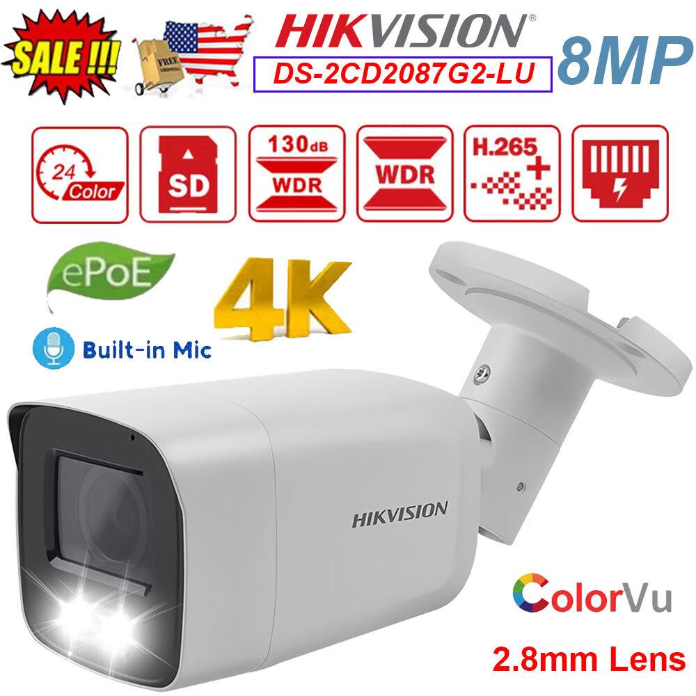 Hikvision DS-2CD2087G2-LU 8MP IP Bullet Camera ColorVu Built-in Microphone 2.8mm
