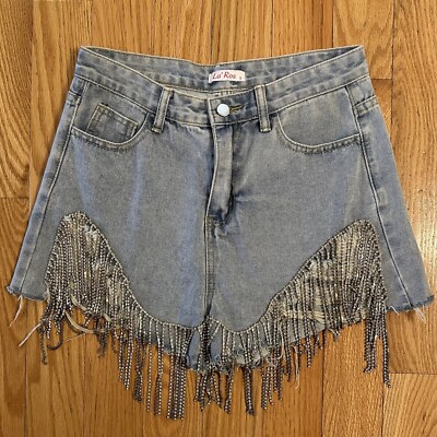 La Ros Rhinestone Fringe Cutoff Denim Jean Shorts High Rise