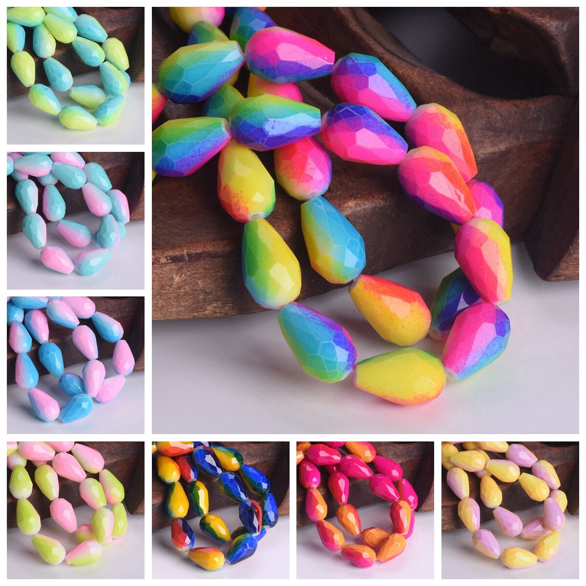 Rainbow Colorful Coated 12x8mm 15x10mm Teardrop Faceted Opaque Glass Loose  Beads