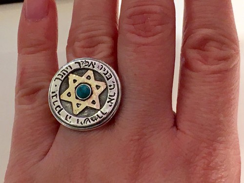 Anillo Estrella de David Turquesa Plata Esterlina y Oro 9k Bendición Sacerdotal Hebrea - Imagen 4 de 8