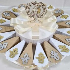 Bomboniere Comunione oggetti sacri plexiglass oro e argento torta portaconfetti