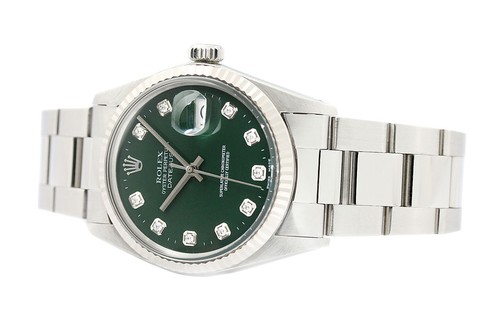 Rolex Mens Datejust 16014 18K White Gold Steel Green Diamond Dial Watch - Picture 7 of 8