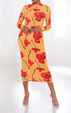 GOODTIME USA Long Sleeve Mustard Red Floral Turtleneck Dress Size L