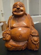 Vintage Hand Carved Wood Buddha Laughing Happy Lucky Good Luck 8"x 5.5"x4  
