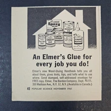 1961 Elmer's Glue Borden Co Vintage Print Ad Epoxy Resin Casein Contact Cement