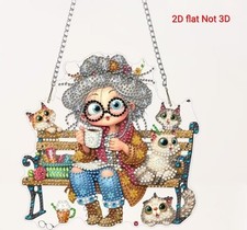 LADY AND CATS ON A BENCH Completed Handmade Diamond Painted  Swinging Decoration