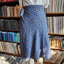 Vintage 60s Handmade Blue Floral Cotton Wrap Skirt Mod Below Knee S/M