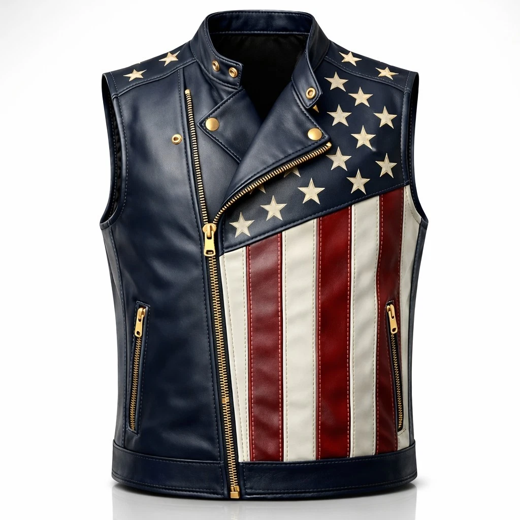 Men's Leather Motorcycle Vest American Flag USA Patriotic Biker Riding Vest