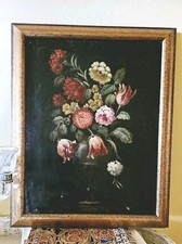 Quadro antico natura morta floreale olio su tela restaurato 52x42 firma al retro