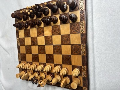 Excellent Hand Carved  Wood Chess Set & Algebraic Notation Board Beautiful Set