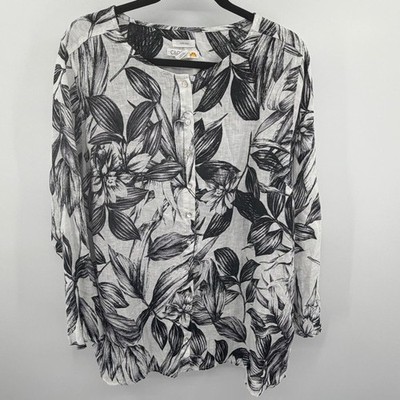 C&C California 100% Linen Black White Button Down Floral Lagenlook blouse 2X