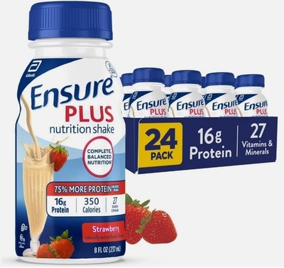 Ensure Plus Strawberry Nutrition Shake Protein Meal 24 Bottles 8oz Exp 11/2026