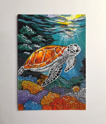 ACEO Original Acrylic Painting OOAK Sea Turtle Ocean Coral Reef Miniature Art