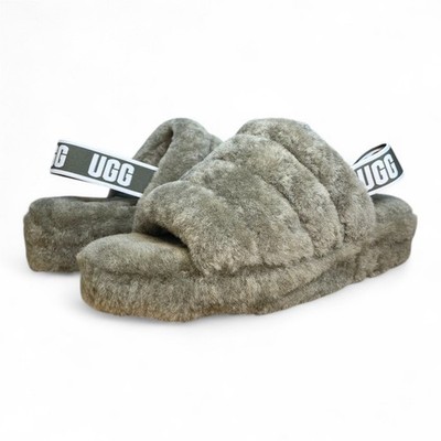 Women's Ugg Fluff Yeah Logo Sheepskin Slide Sandals , Burnt Olive | 1095119