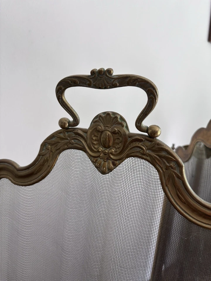 Ancien Pare-Feu Pare-Etincelles de Cheminée 4 pans en Laiton/Bronze Baroque - Photo 3/4