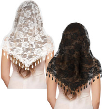 2 Pcs Triangle Lace Mantilla Veil Head Covering with Tassels Black White