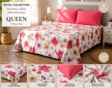 Hotel Collection Bamboo 1800 Queen 6pc Bamboo Floral Pink Sheet Set Breathable
