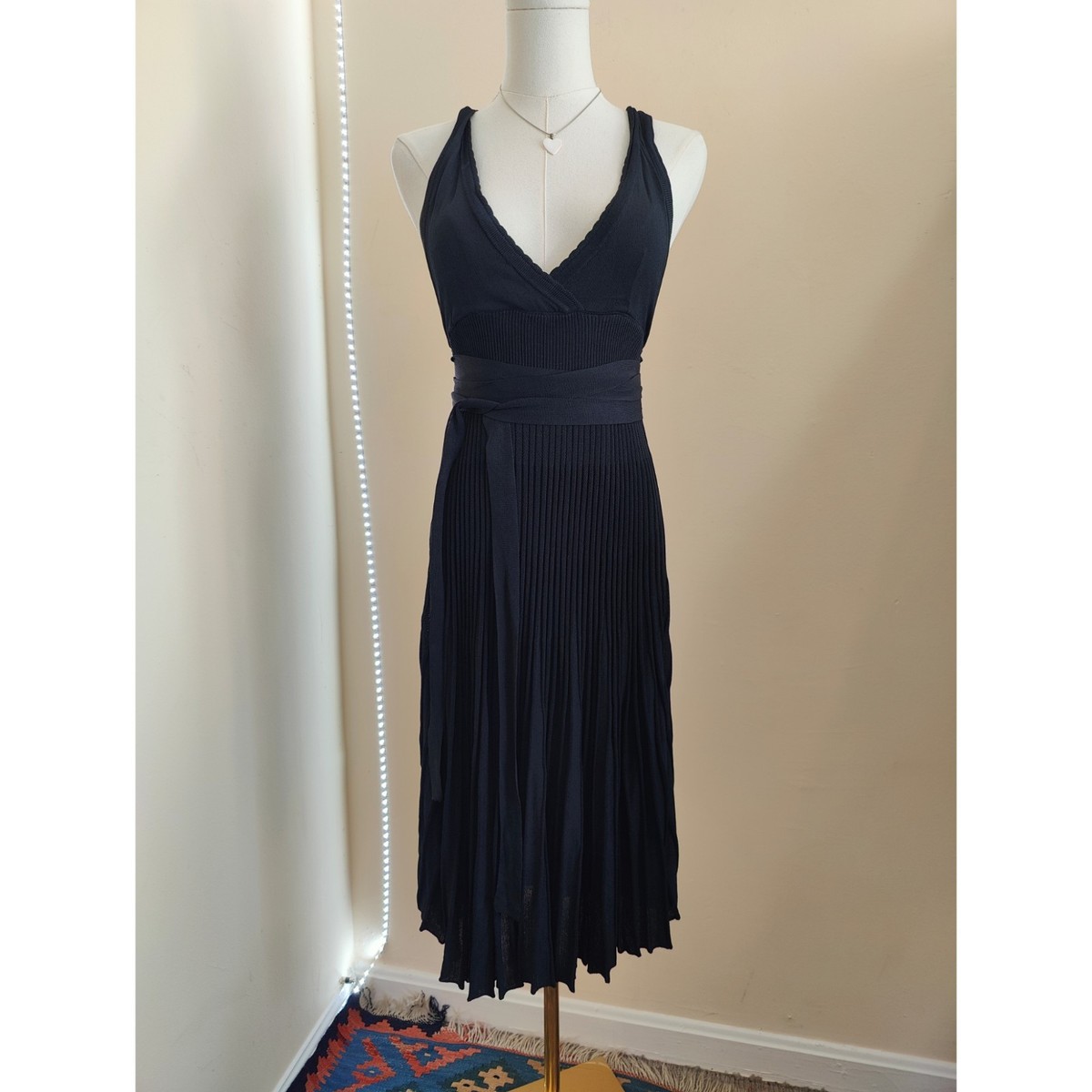 Yumi Mazao Paris Black Pleated Dress Knit Tie Waist Size 8 | eBay