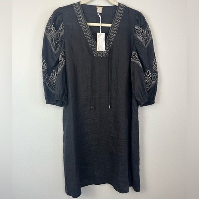 NWT Magaschoni Linen Black Embroidered Shift Dress SMALL Puff Sleeves  Pockets | eBay