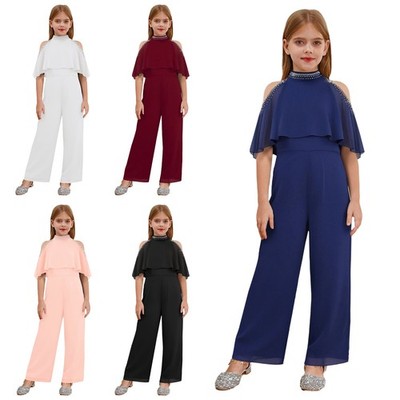 Girls Glittery Jumpsuit Overlay Cold Shoulder Wide Leg Pants Rompers Banquets