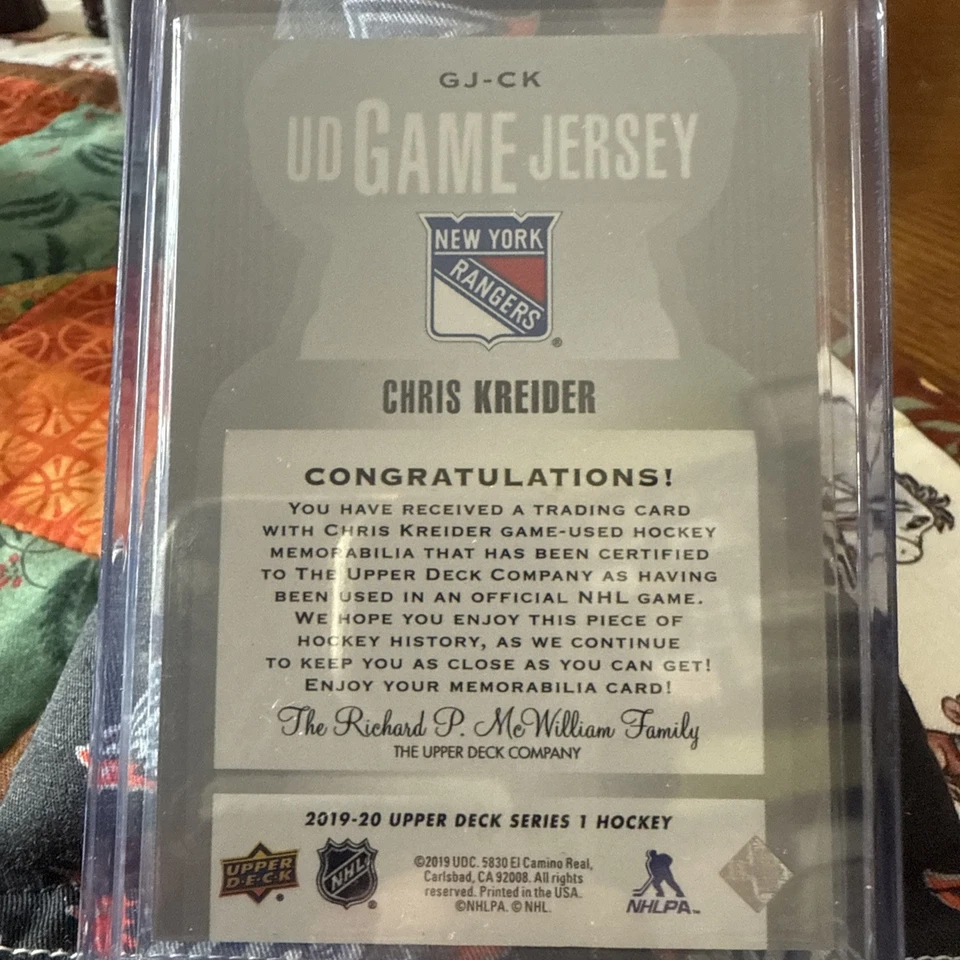 2019-20 Upper Deck UD Game Jerseys Chris Kreider New York Rangers #GJ-CK - Image 2 of 3