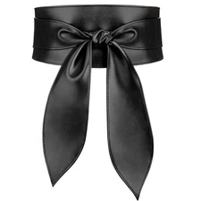 Wide Leather Belts for Women Fashion Black Wrap Obi Belt for Dresses L