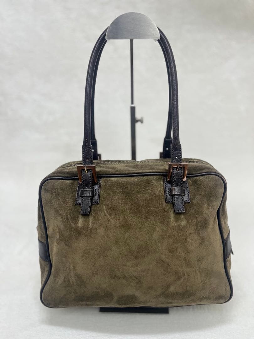 FENDI Hand Bag Tote Purse Suede Leather Khaki Dark Brown Authentic