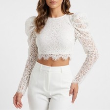Naked Wardrobe The Statement Off White Floral Lace Ruffle Cropped Top Size S