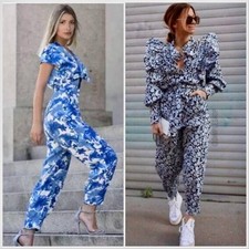 ZARA Woman FLORAL Poplin Ruffle Jumpsuit Belted / BLUE Tie Detail Romper - SET