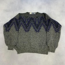 Vintage Abstract Knitted Jumper Patterned Grandad Knit Sweater Men's L