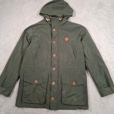 Fred Perry Jacket Mens Medium Green Hooded Parka Coat Button Zip Casual M65