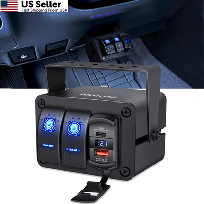 Nilight 2 Gang Rocker Switch Box 12V SPST ON Off 3 Type C +USB, Blue+Box 
