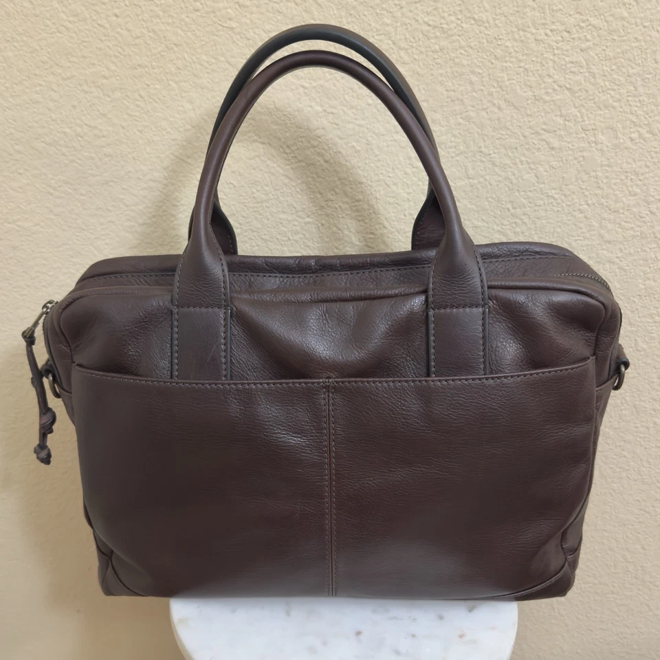 Pre Loved FOSSIL Haskell marrom seixo couro pasta trabalho laptop bolsa de mão - Imagem 3 de 4